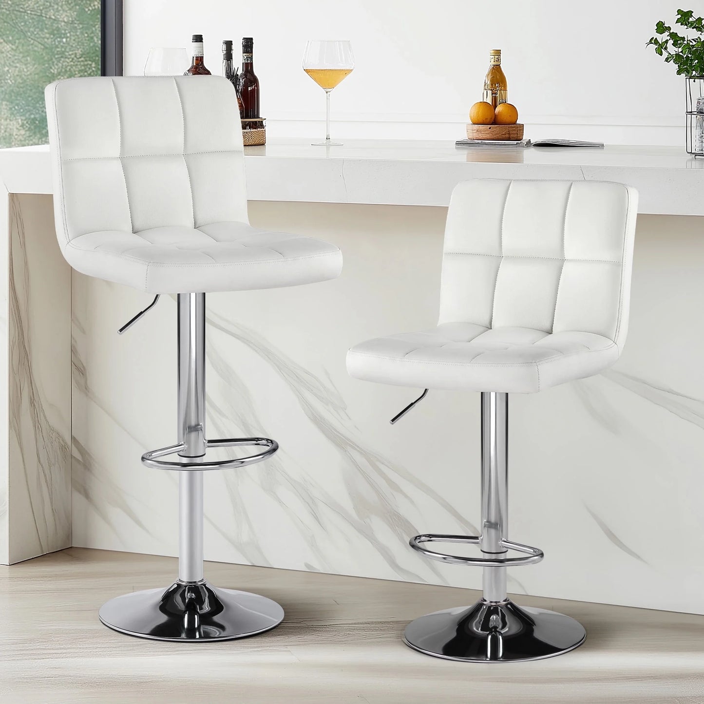 Bar Stools Set of 2, Modern Adjustable Armless Swivel Counter Stools with PU Leather, Black