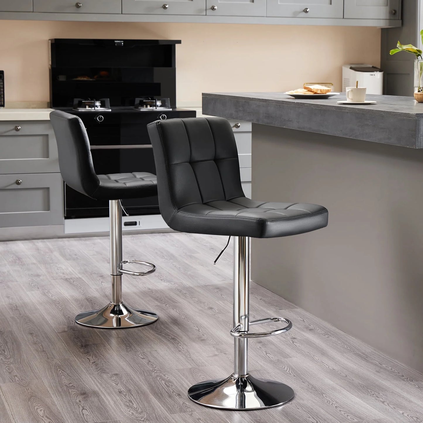 Bar Stools Set of 2, Modern Adjustable Armless Swivel Counter Stools with PU Leather, Black