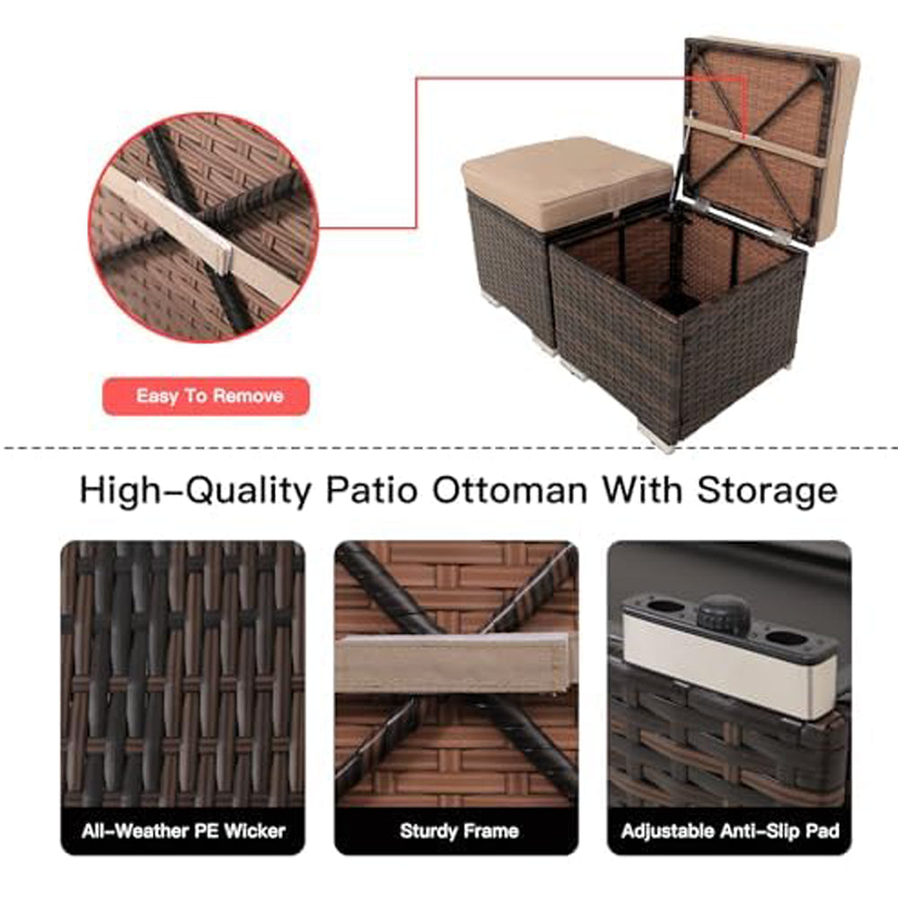 2 Wicker Ottomans, Multipurpose Outdoor Furniture for Patio, Backyard, Additional Seating, Footrest, Side Table with Storage, Removable Cushions