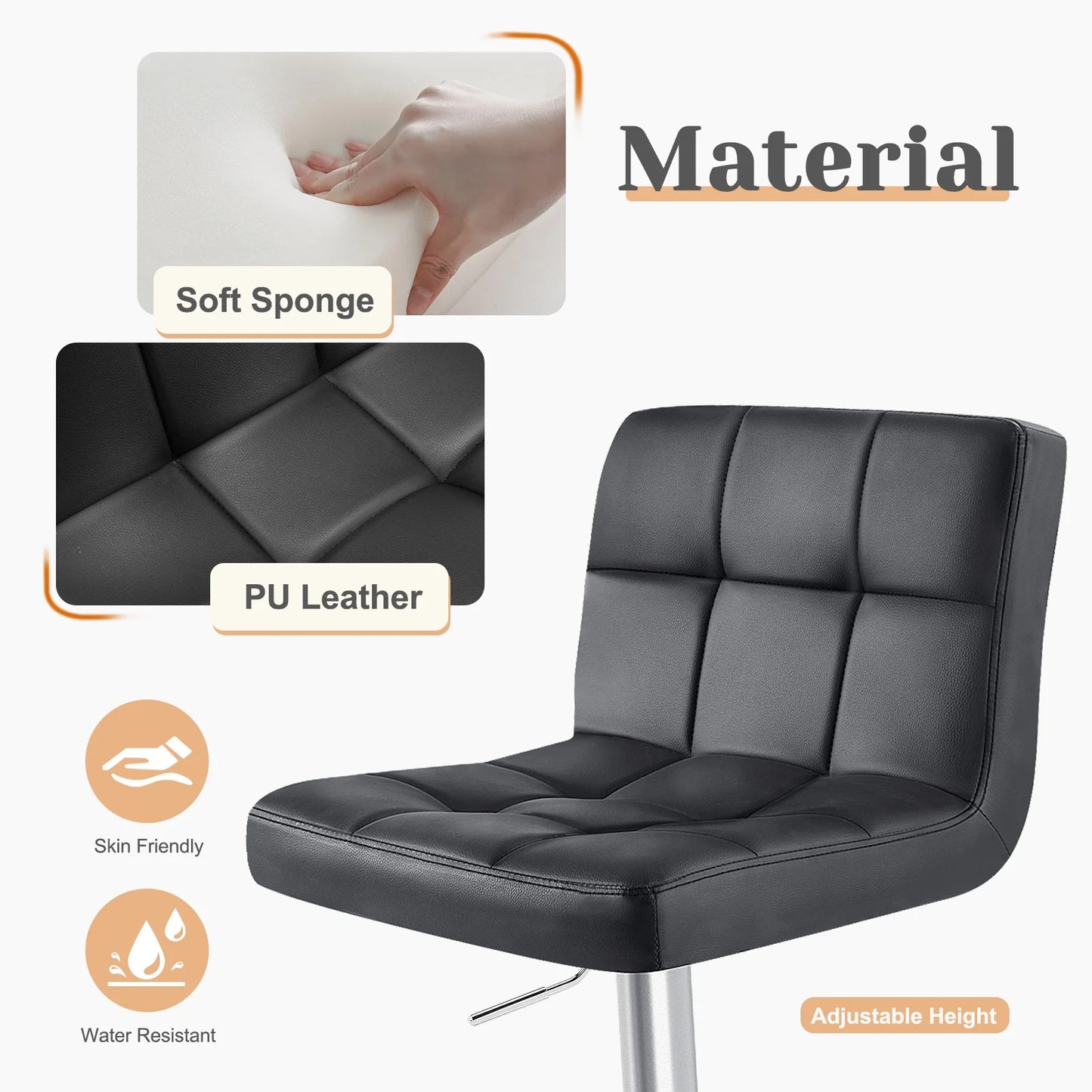 Bar Stools Set of 2, Modern Adjustable Armless Swivel Counter Stools with PU Leather, Black