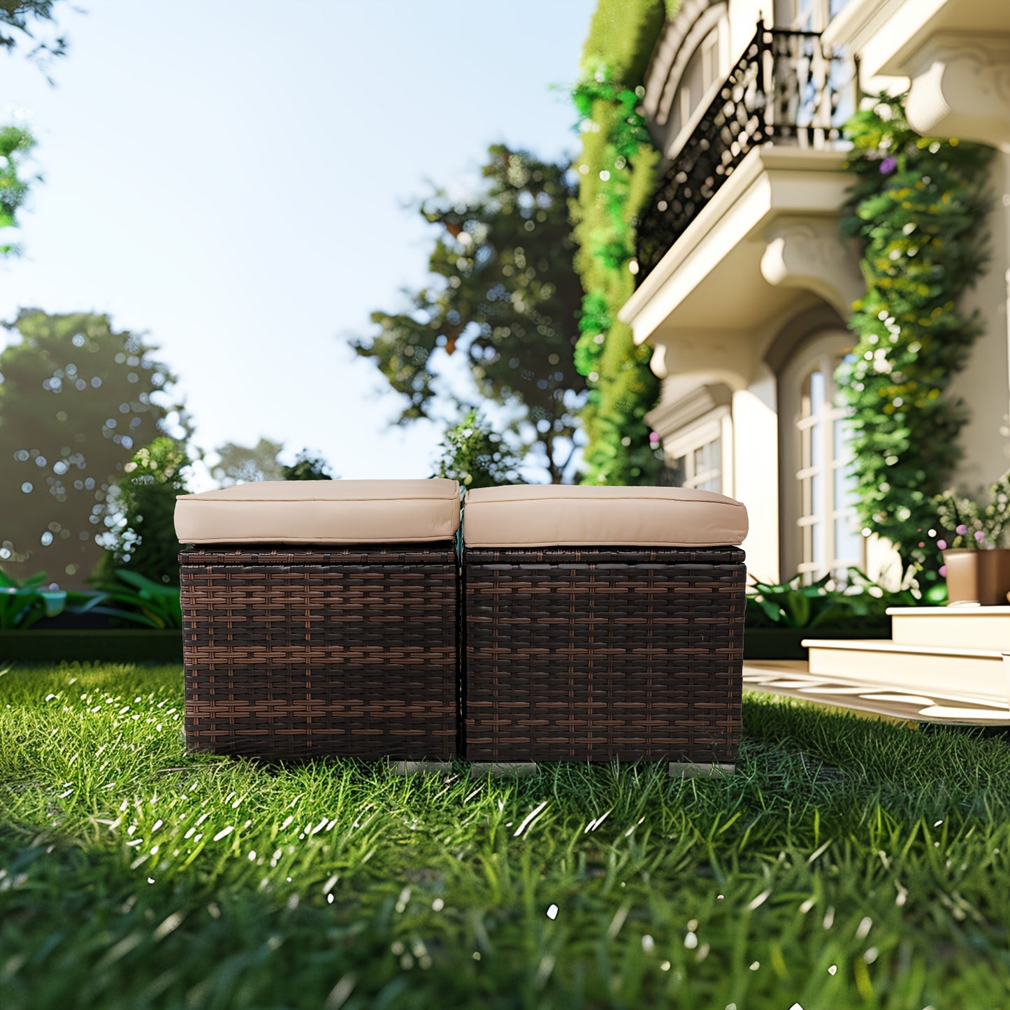 2 Wicker Ottomans, Multipurpose Outdoor Furniture for Patio, Backyard, Additional Seating, Footrest, Side Table with Storage, Removable Cushions
