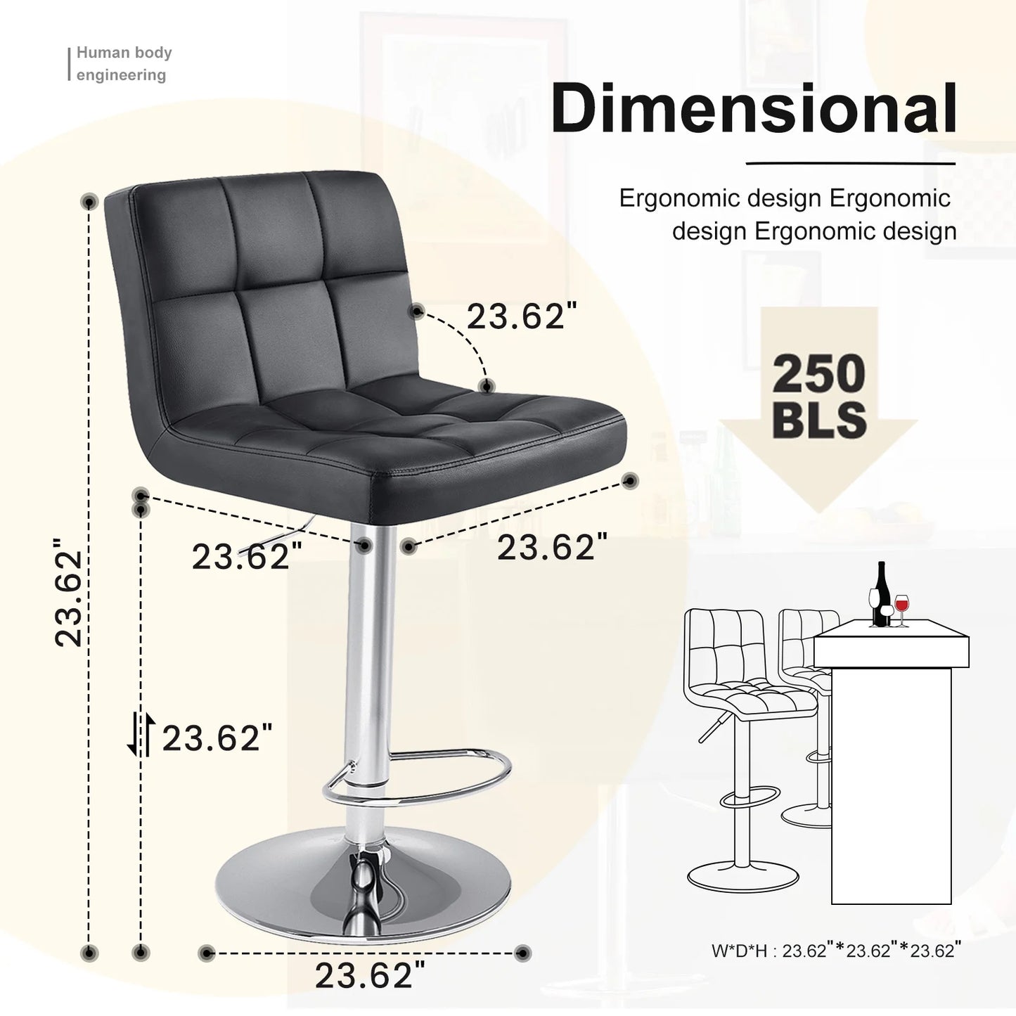 Bar Stools Set of 2, Modern Adjustable Armless Swivel Counter Stools with PU Leather, Black