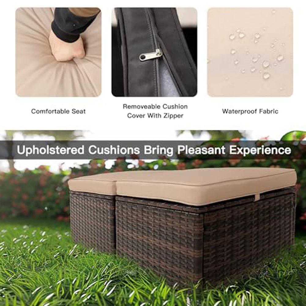 2 Wicker Ottomans, Multipurpose Outdoor Furniture for Patio, Backyard, Additional Seating, Footrest, Side Table with Storage, Removable Cushions