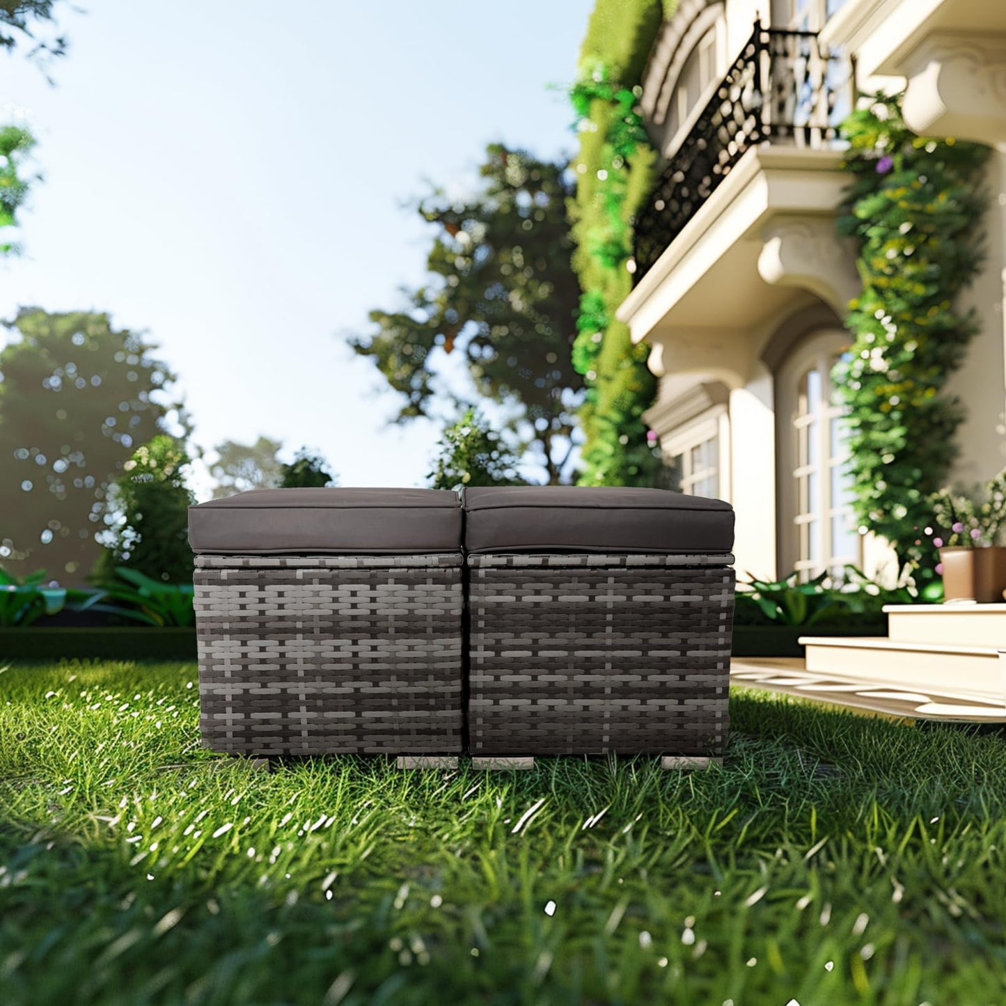 2 Wicker Ottomans, Multipurpose Outdoor Furniture for Patio, Backyard, Additional Seating, Footrest, Side Table with Storage, Removable Cushions