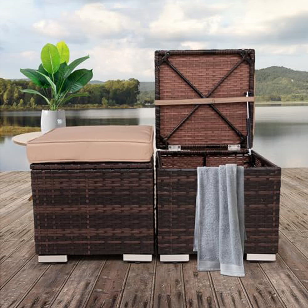 2 Wicker Ottomans, Multipurpose Outdoor Furniture for Patio, Backyard, Additional Seating, Footrest, Side Table with Storage, Removable Cushions