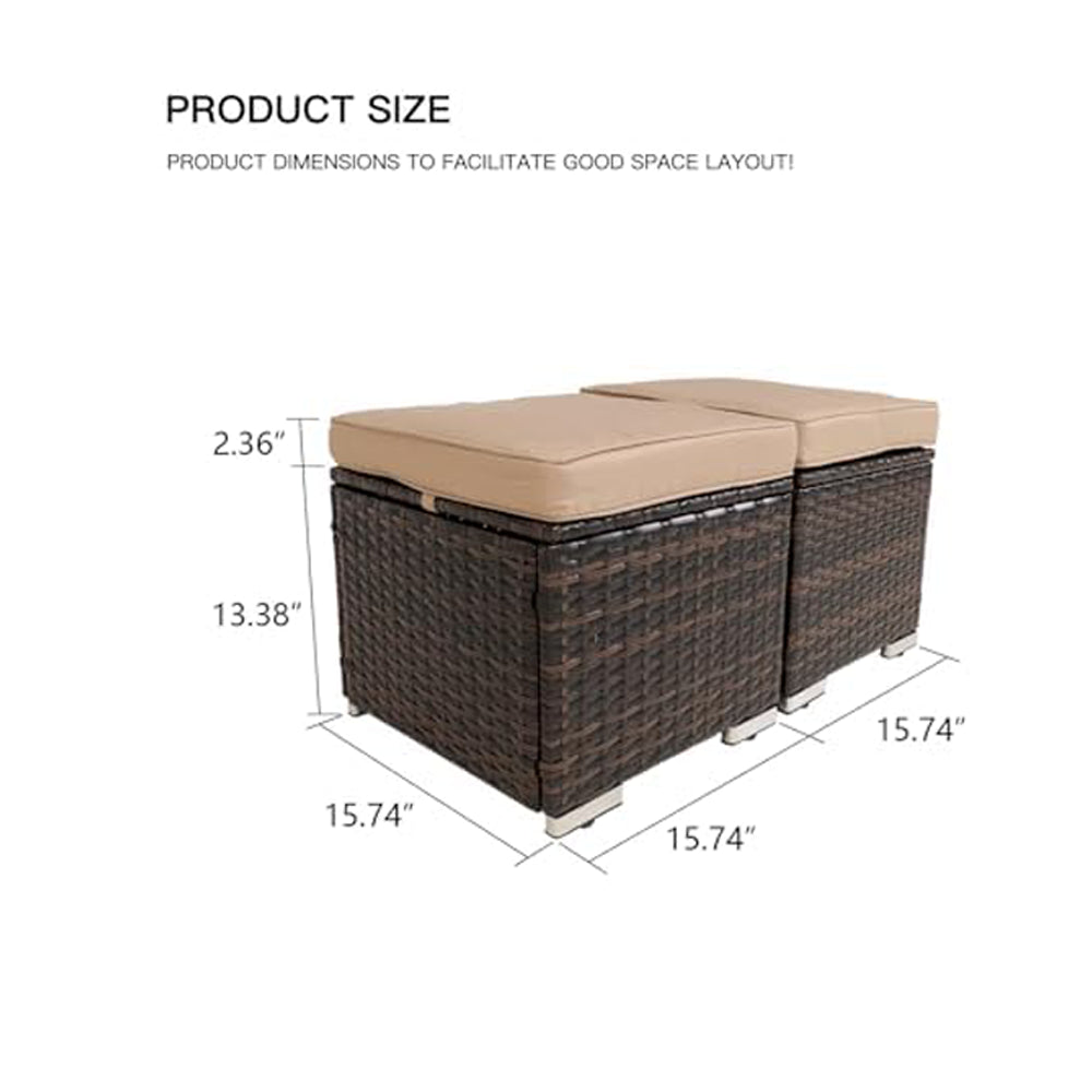 2 Wicker Ottomans, Multipurpose Outdoor Furniture for Patio, Backyard, Additional Seating, Footrest, Side Table with Storage, Removable Cushions