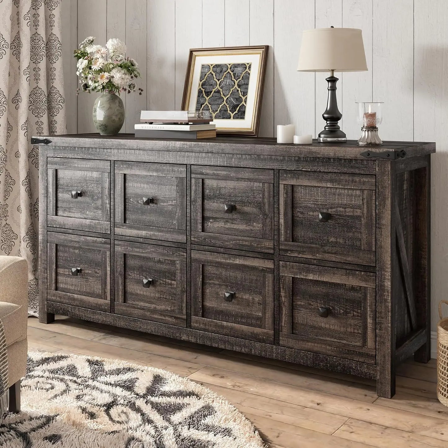 LILITH Rustic Farmhouse 8-Drawer Dresser - 59.1" Wide Wooden Chest of Drawers
