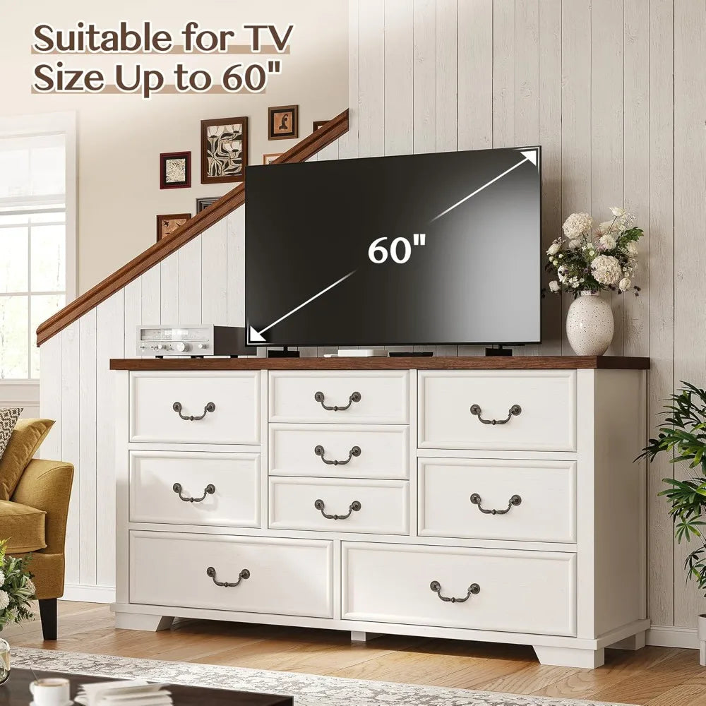 ARABELLA Farmhouse 9 Drawer Wood Dresser - Rustic Chest of Drawers, 52'' Wide