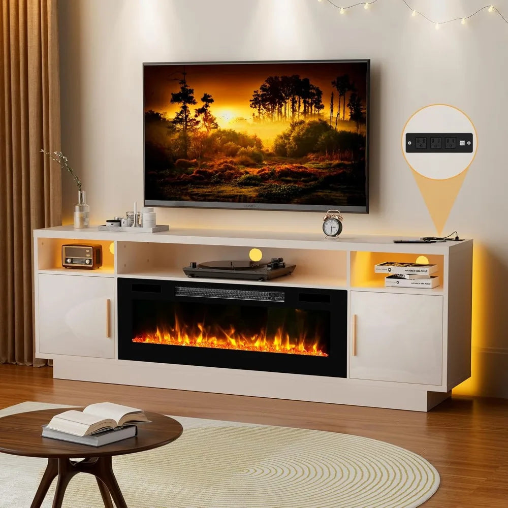 36'' Fireplace-LED Light Entertainment Center for TV-White TV Cabinet with Storage, Modern TV Console for Living Room