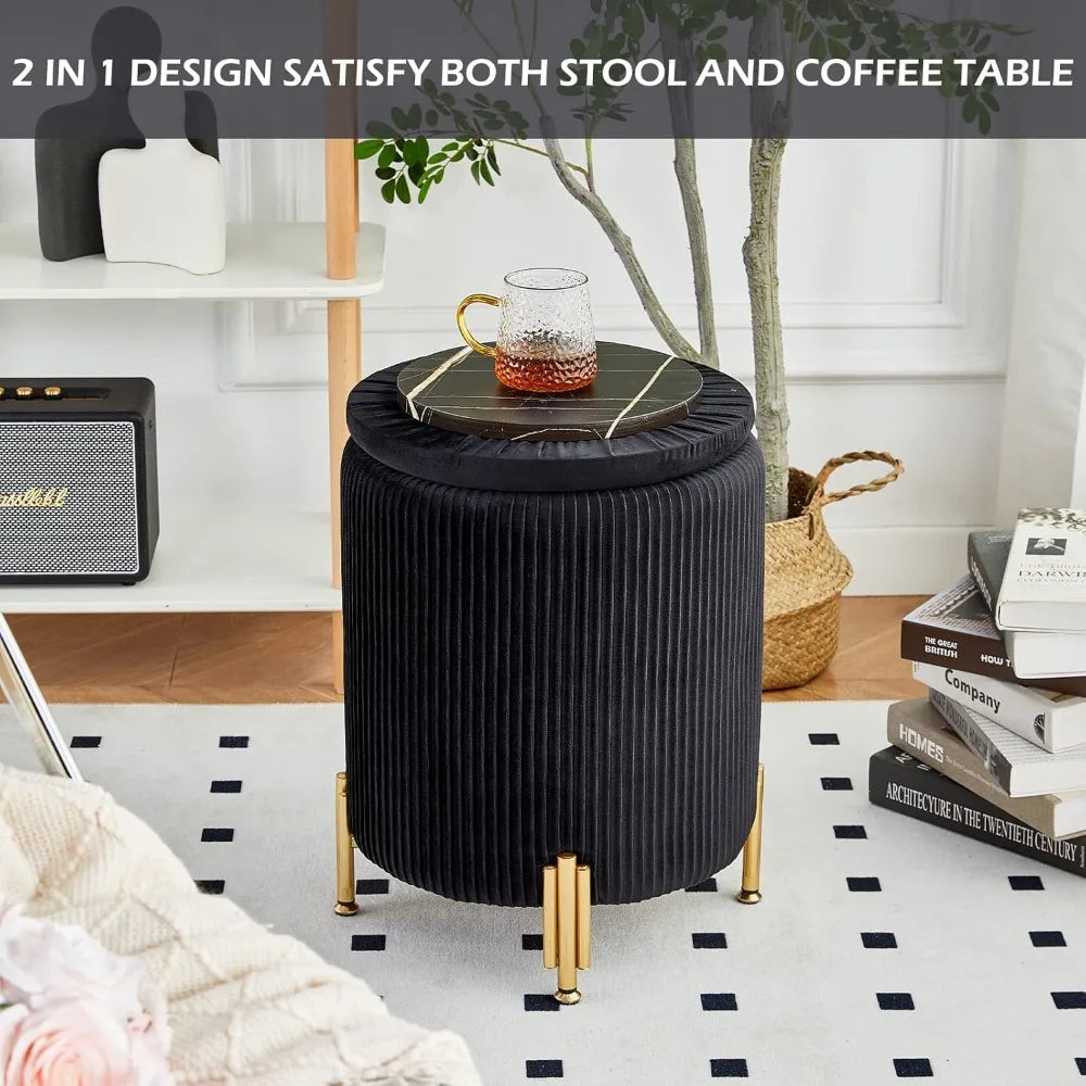 Ayden Round Velvet Upholstered Ottoman with Storage and Metal Legs - 13.8" W