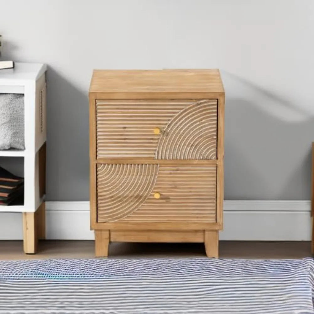 SYDNEY Mid Century Wooden Bedside Table with Handcrafted Ring Pattern, 2-Drawer