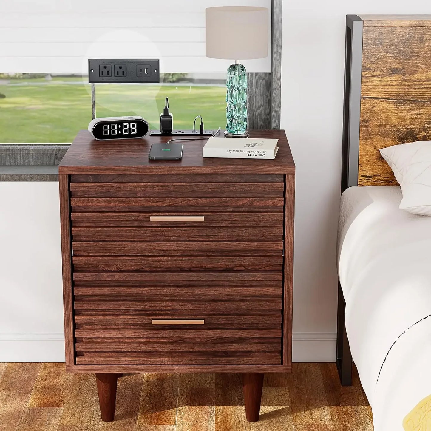 ALYSSA Modern Nightstand with Charging Station - 19" Wide Bedside Table with 2 Drawers