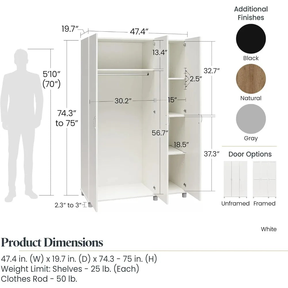 MAKENNA Natural Modern Basin 3-Door Adjustable Shelves Wardrobe