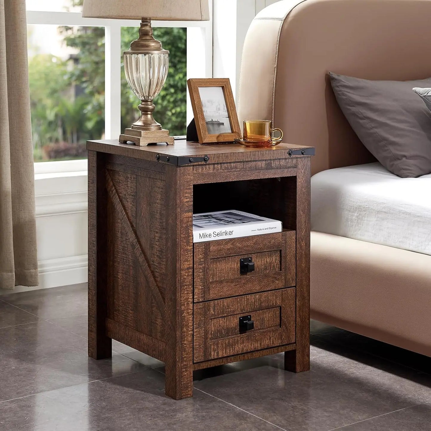 CHARLEE Rustic Farmhouse Nightstand with Charging Station & Storage - 18'' Wide