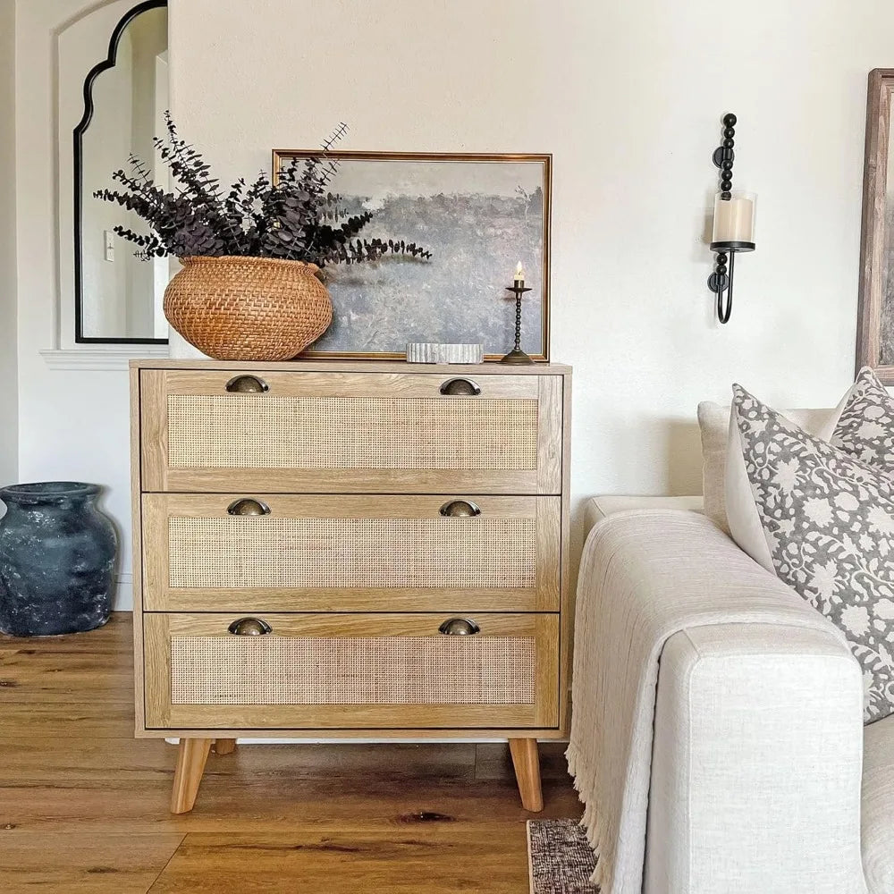 LONDON Boho Rattan Nightstand Set - 3-Drawer Woven Cane Dresser for Bedroom & Living Room - 31.5''
