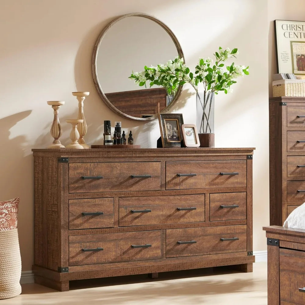 COLLINS Farmhouse 7-Drawer Wood Dresser - 54" Wide Storage Chest for Bedroom & TV Stand