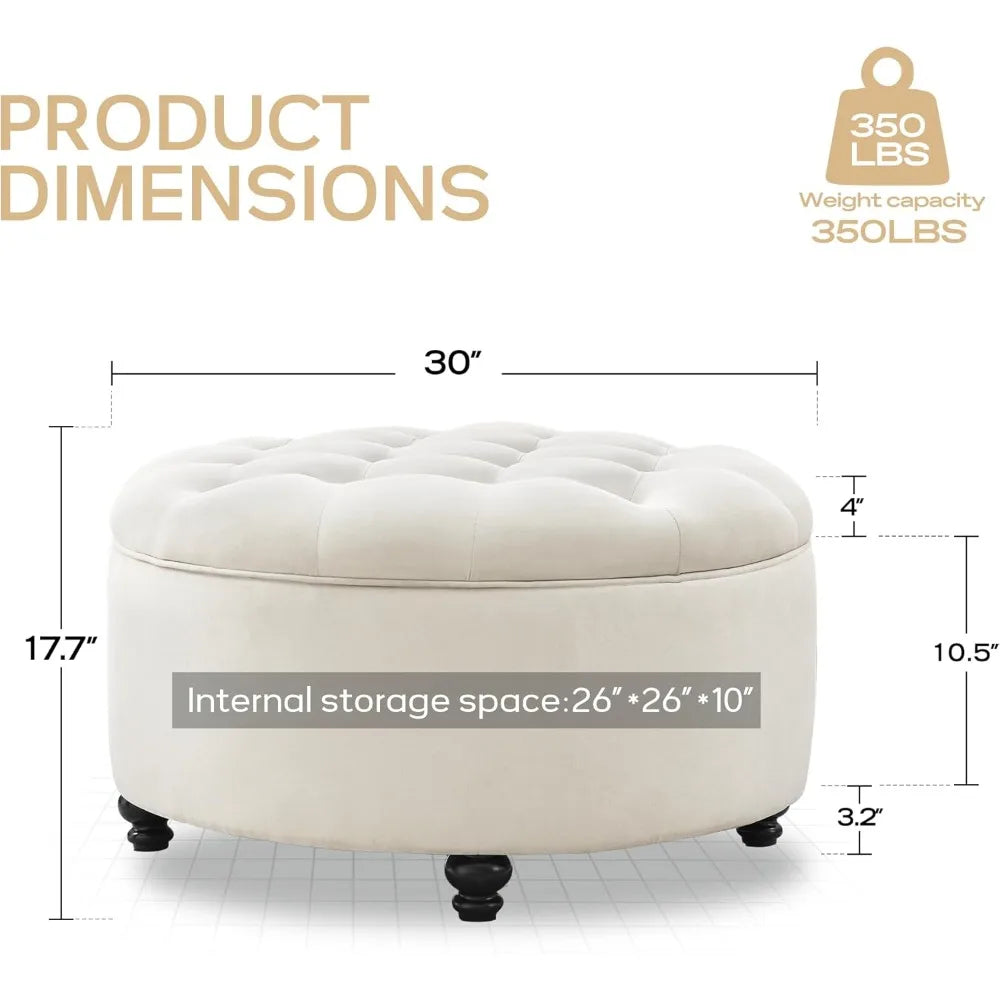 CHASE 30-Inch Round Storage Ottoman with Button Tufting and Removable Top - 30" W