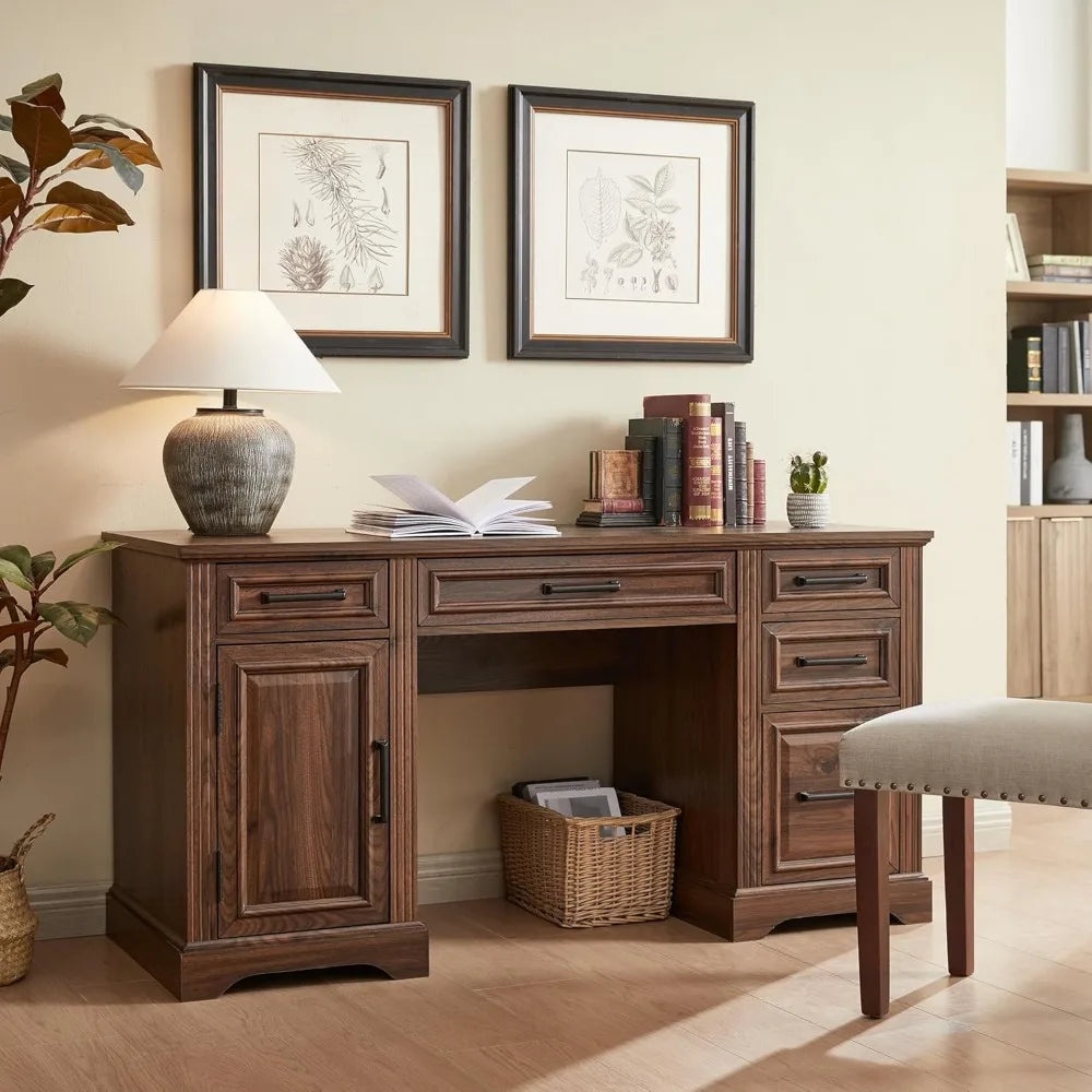 MARY Farmhouse Executive Desk with Drawers & Cabinet – 58" W