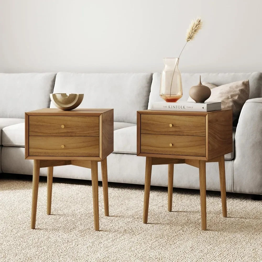 WINTER Modern Mid-Century Nightstand Set – 16" Wide Wooden End Table with Drawers, Black & Oak Brown