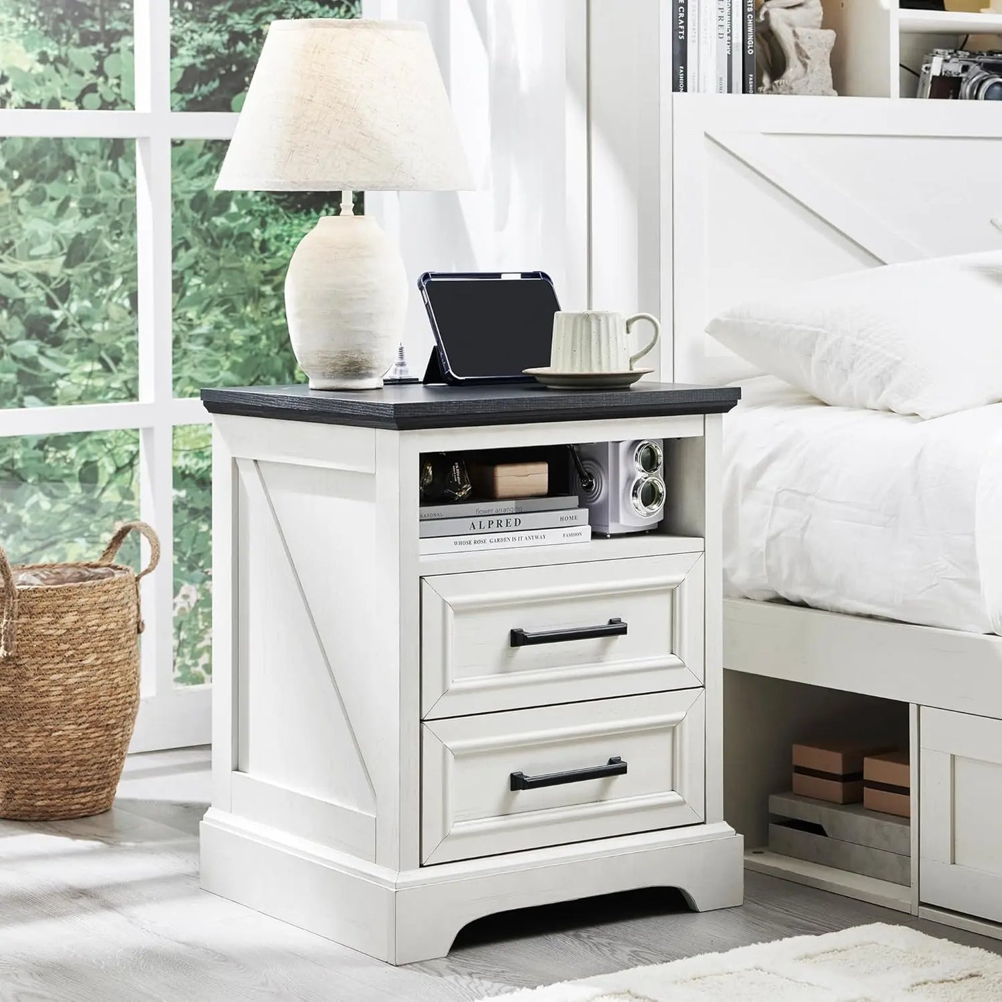 AMARI Farmhouse Nightstand with Charging Station – Rustic End Table with Storage Drawers – 18” Wide