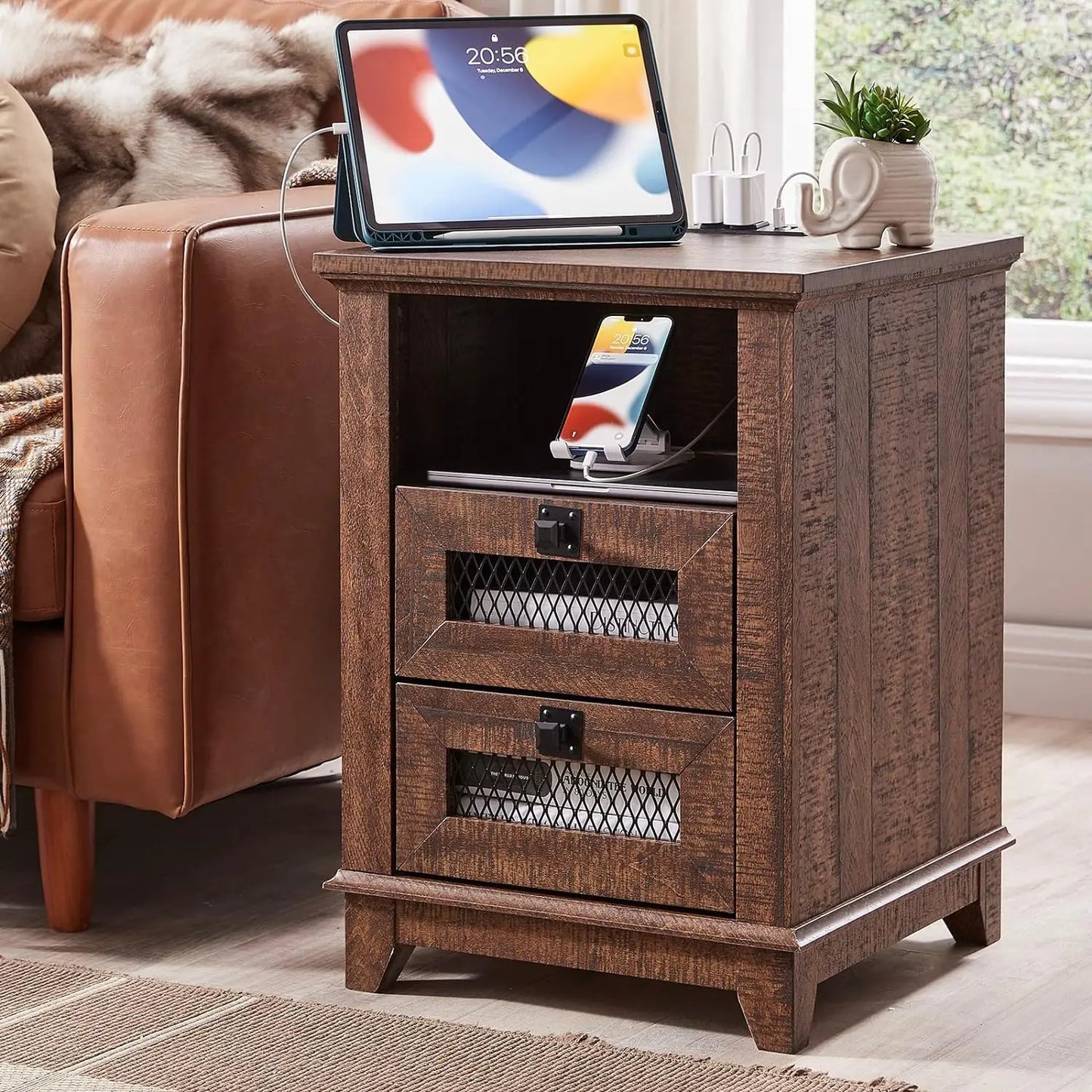 DREAM Farmhouse Nightstand with Charging Station & Mesh Drawers