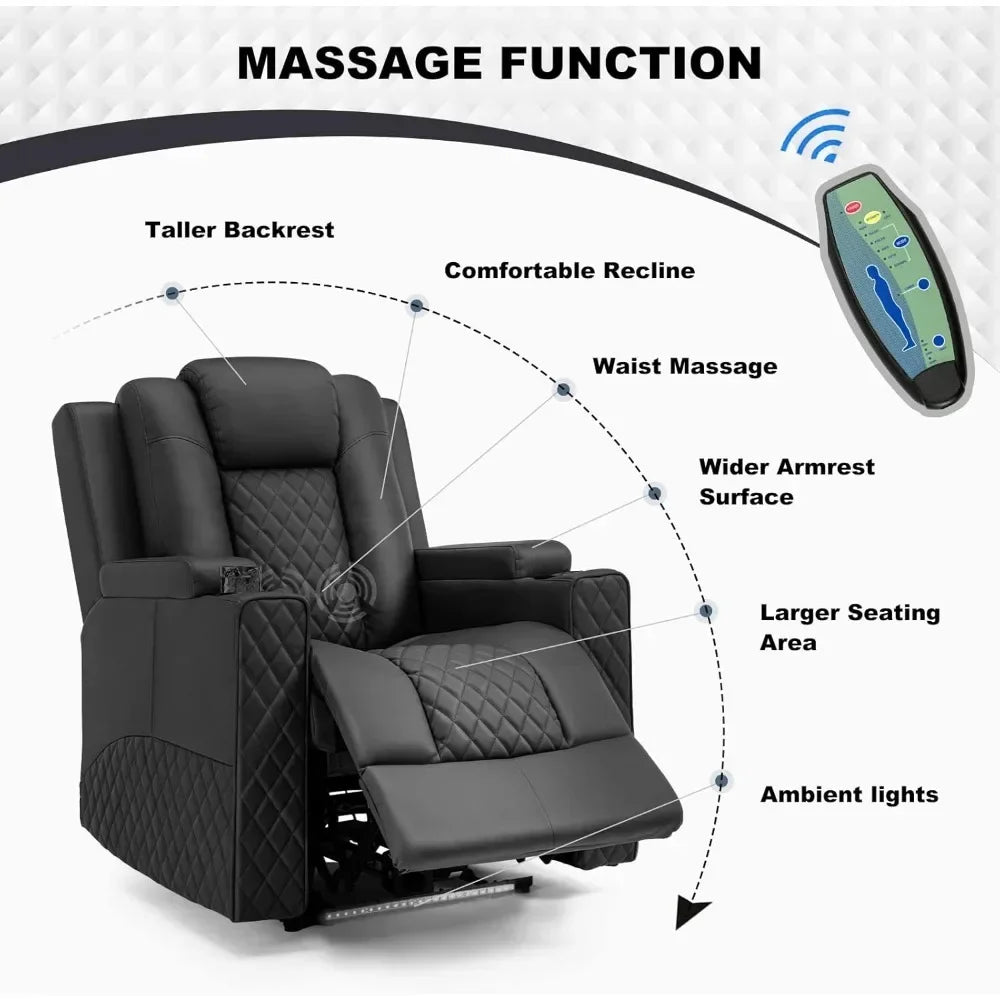 Power Recliner Chair PU Leather Electric Massage Recliner Sofa for Living Room Home Seating with Cup Holders LED Lighting
