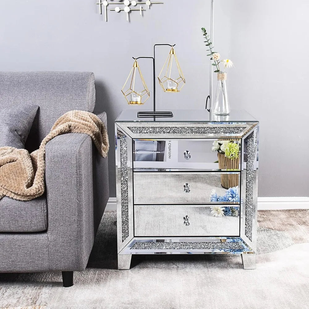 AMORA Glam Mirrored Nightstand – Modern Crystal-Trimmed End Table with 3 Drawers, 23" Wide