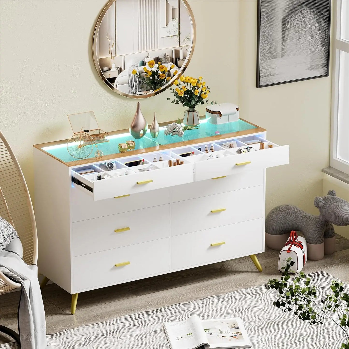 LILLY Modern LED 5-Drawer Dresser with Hanging Rack & Charging Station