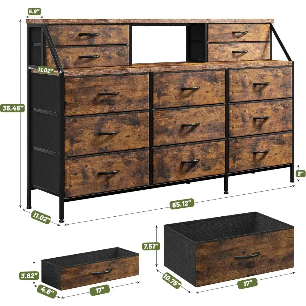 OPHELIA Modern Wide Storage Dresser – 13 Drawer Organizer with Open Shelves | 55.1'' W