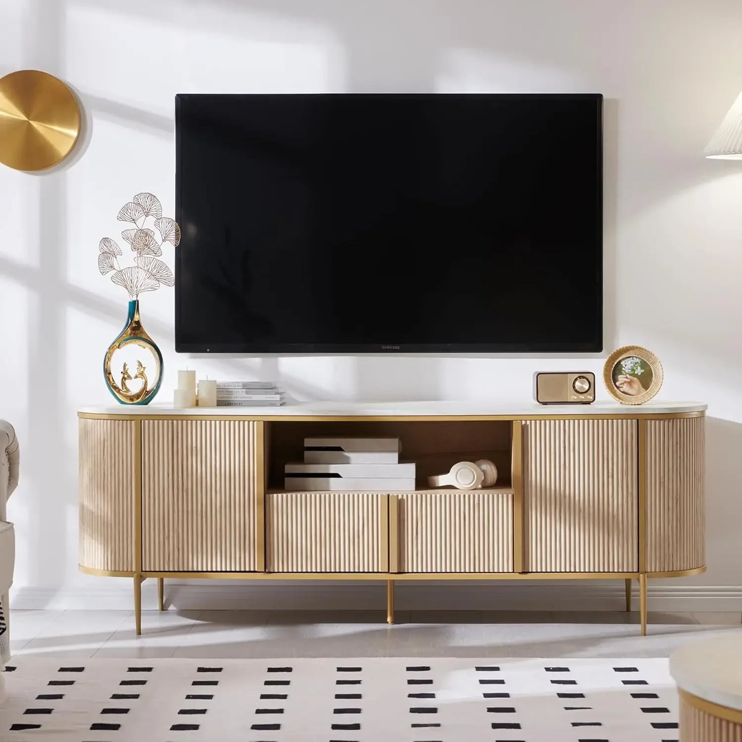 JEREMIAH TV Console with Faux Marble Top, Curved Profile Design - 70" W