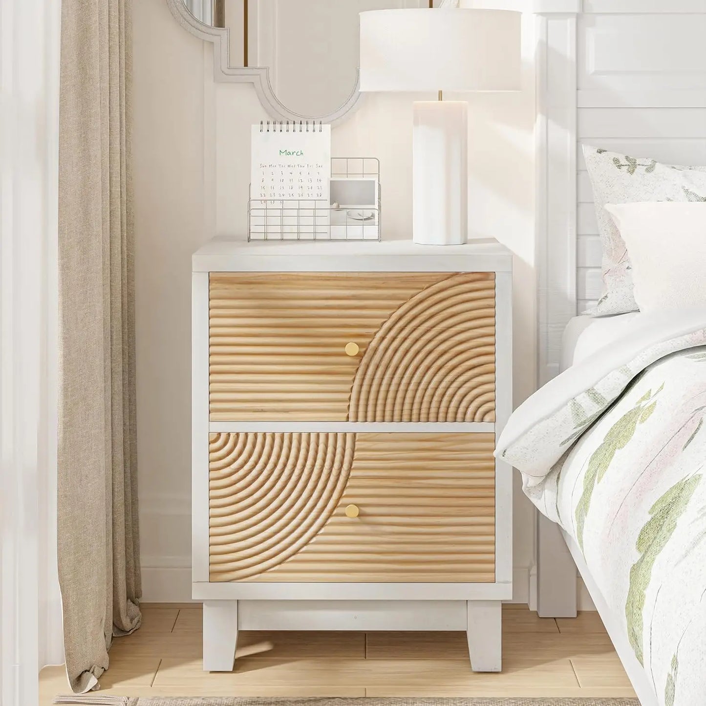 SYDNEY Mid Century Wooden Bedside Table with Handcrafted Ring Pattern, 2-Drawer