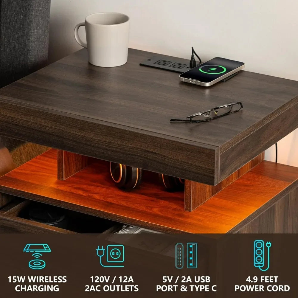 KENDALL Modern Bedside Table with Wireless Charging & USB Ports