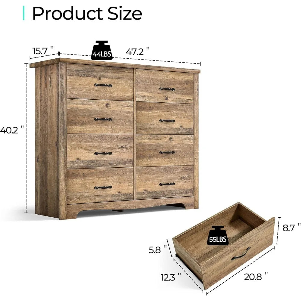 BLAKE Rustic Farmhouse 8-Drawer Dresser - Wooden Bedroom Storage Chest - 40'' Wide