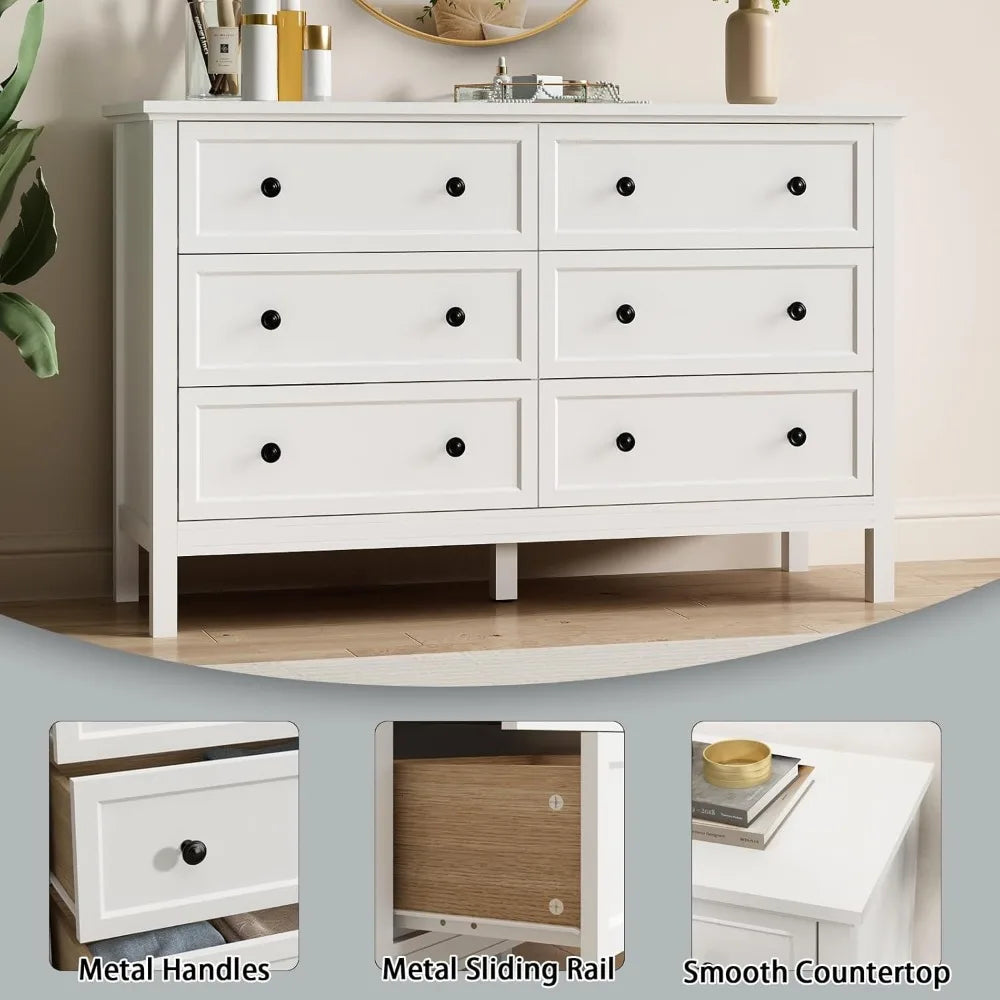DAPHNE Modern 6 Drawer Dresser – Wide Chest of Drawers with Metal Knob Handles