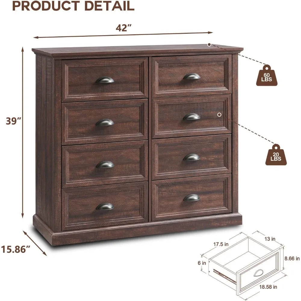 CAMILLE Rustic Farmhouse 8-Drawer Wooden Dresser – Tall Storage Chest | 42'' W