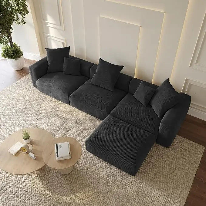 KAYDEN Modular Corduroy L-Shaped Sectional Sofa – Modern 3-Seater with Ottoman - 118.11"W