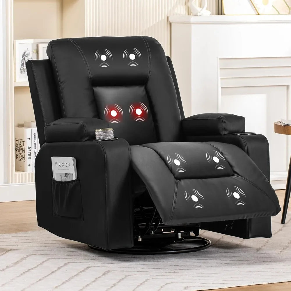 NORA Swivel Rocker Recliner Chair - Massage & Heat - Modern Faux Leather - 24" W