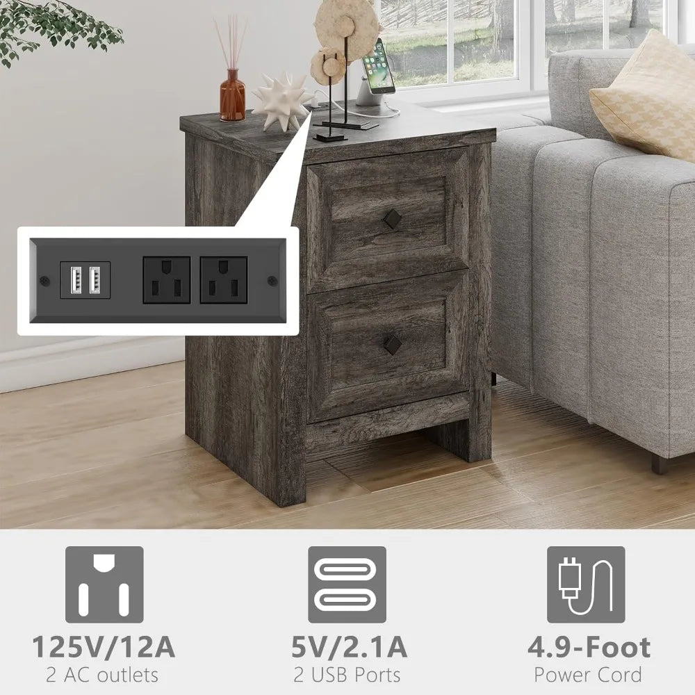 LAILA Nightstand Set of 2 - 17.7" Wide Wood End Table with Charging Station & Storage Drawers