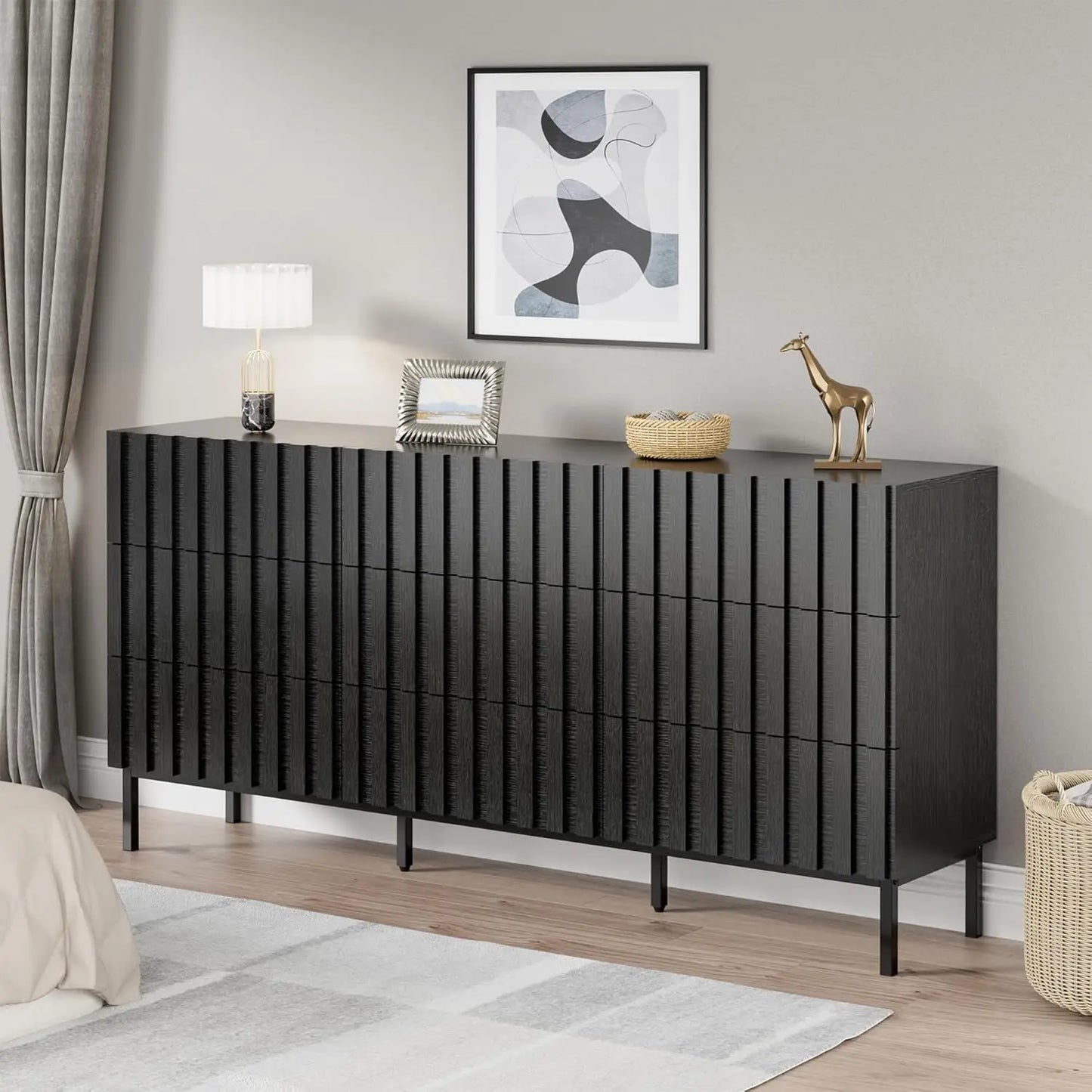 ROWAN Mid-Century Modern Fluted 9 Drawer Dresser - 59" Wide Wood Chest of Drawers
