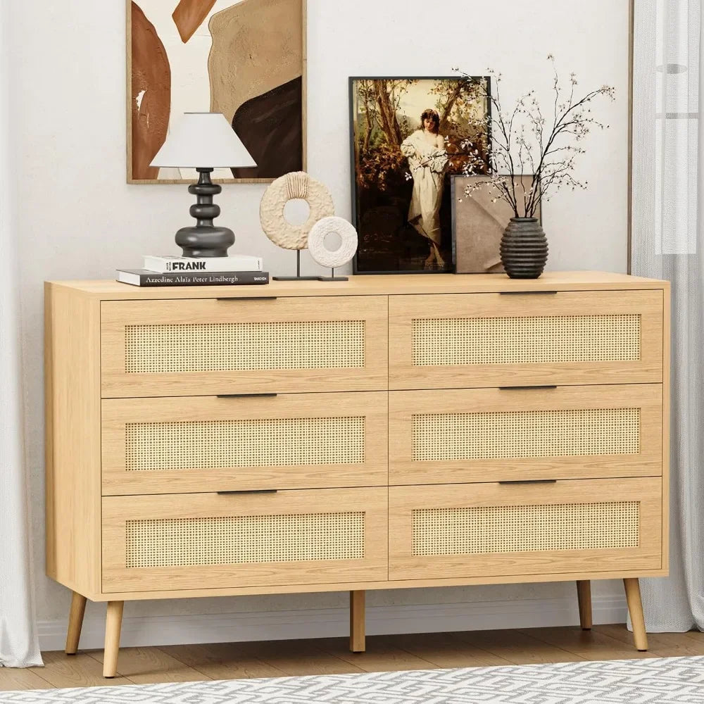 ALAINA Mid-Century Rattan 6-Drawer Double Dresser - 47.1''
