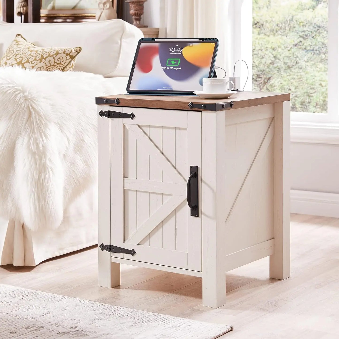 CAMILLA Rustic Farmhouse Barn Door Nightstand with Charging Station - 18'' Wide