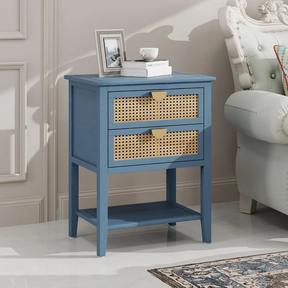 EVELYNN Modern Blue Rattan Nightstand Set - 2-Drawer Side Table 18'' Wide