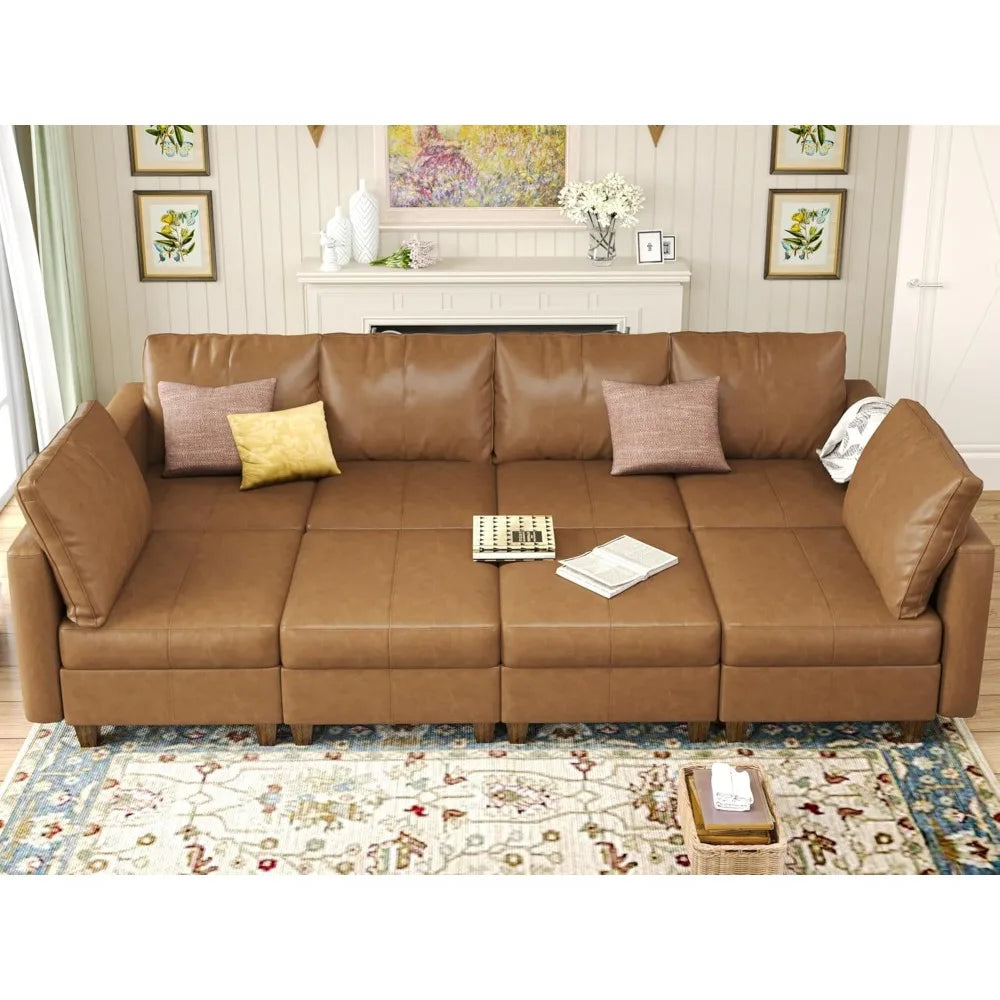 AVERY LuxOra Faux Leather U-Shaped Modular Sectional Sofa | Convertible Sleeper with Storage Ottomans – 118.2″ W