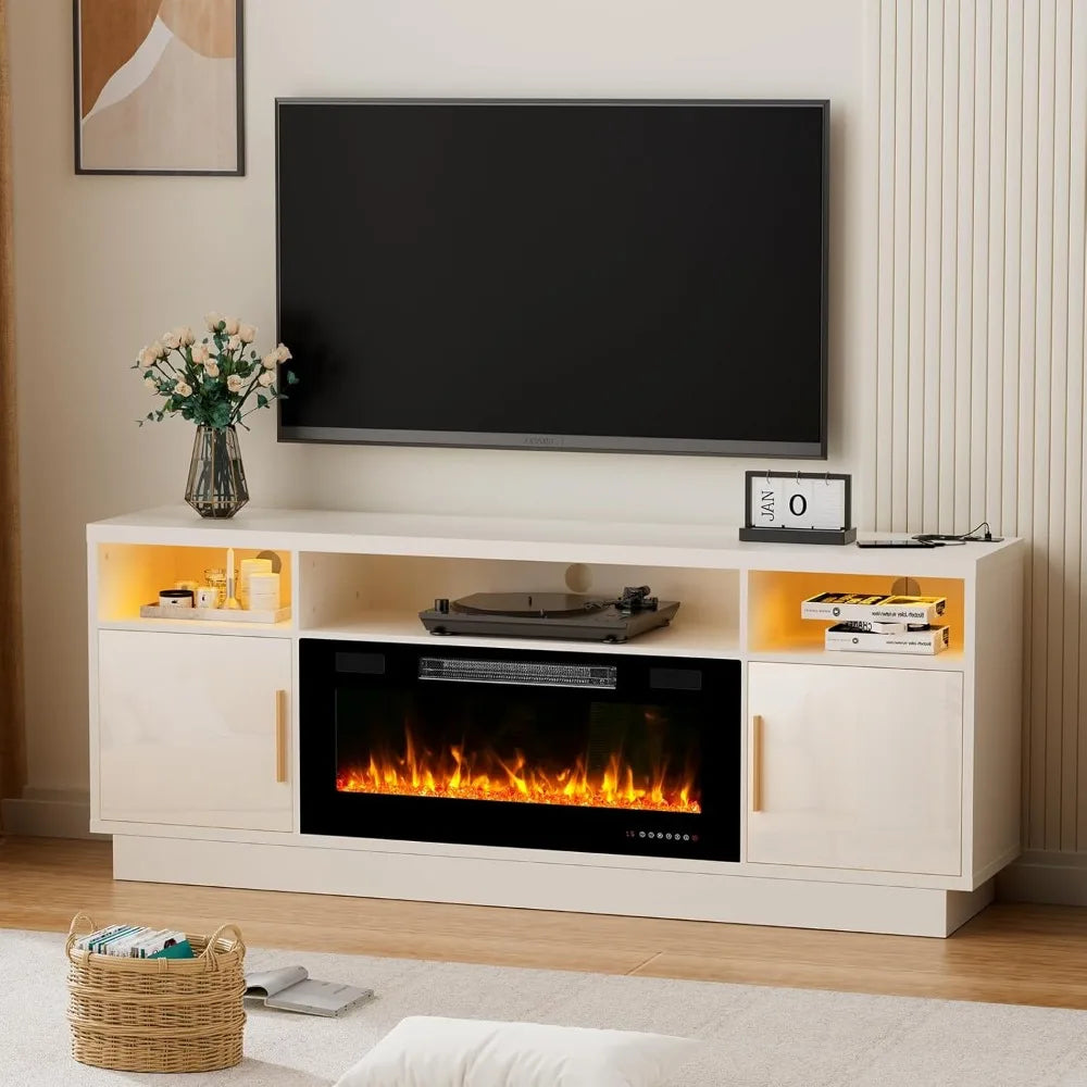 36'' Fireplace-LED Light Entertainment Center for TV-White TV Cabinet with Storage, Modern TV Console for Living Room