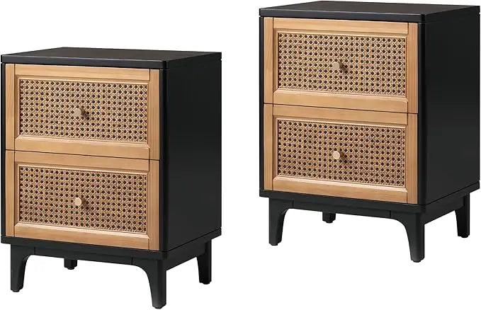 NAVY Farmhouse 3-Drawer Rattan Nightstand - 25" W Black Cane Front Accent Dresser with Brass Pulls