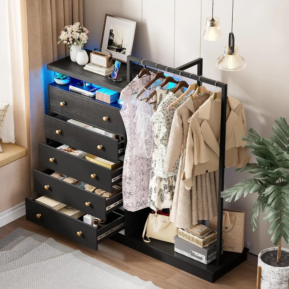 LILLY Modern LED 5-Drawer Dresser with Hanging Rack & Charging Station