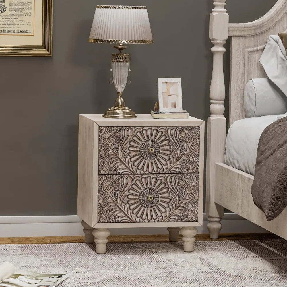 HOPE Vintage Floral Carved Wooden Nightstand Set – 18" Wide Bedside Table with 2 Drawers