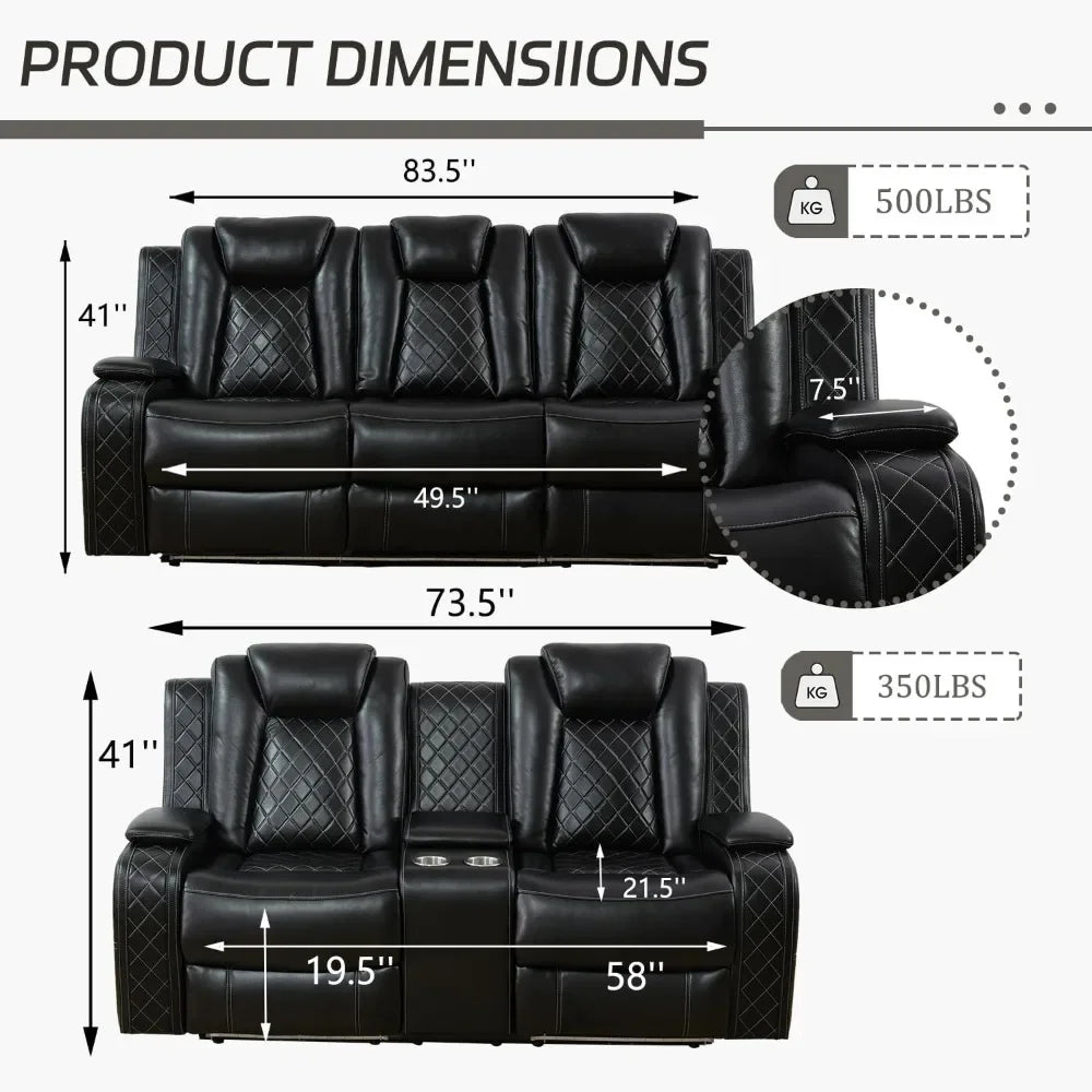 JUAN Leather Power Recliner Sofa Set with LED, USB Port & Cup Holder 83" W