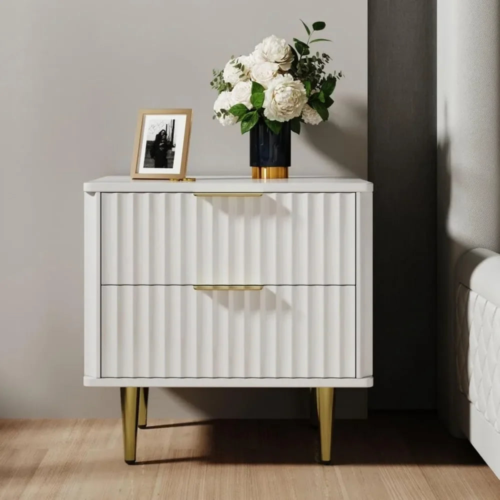 REBECCA Modern White Leather Smart Nightstand - 18'' Bedside Table with Wireless Charging & 2 Drawers