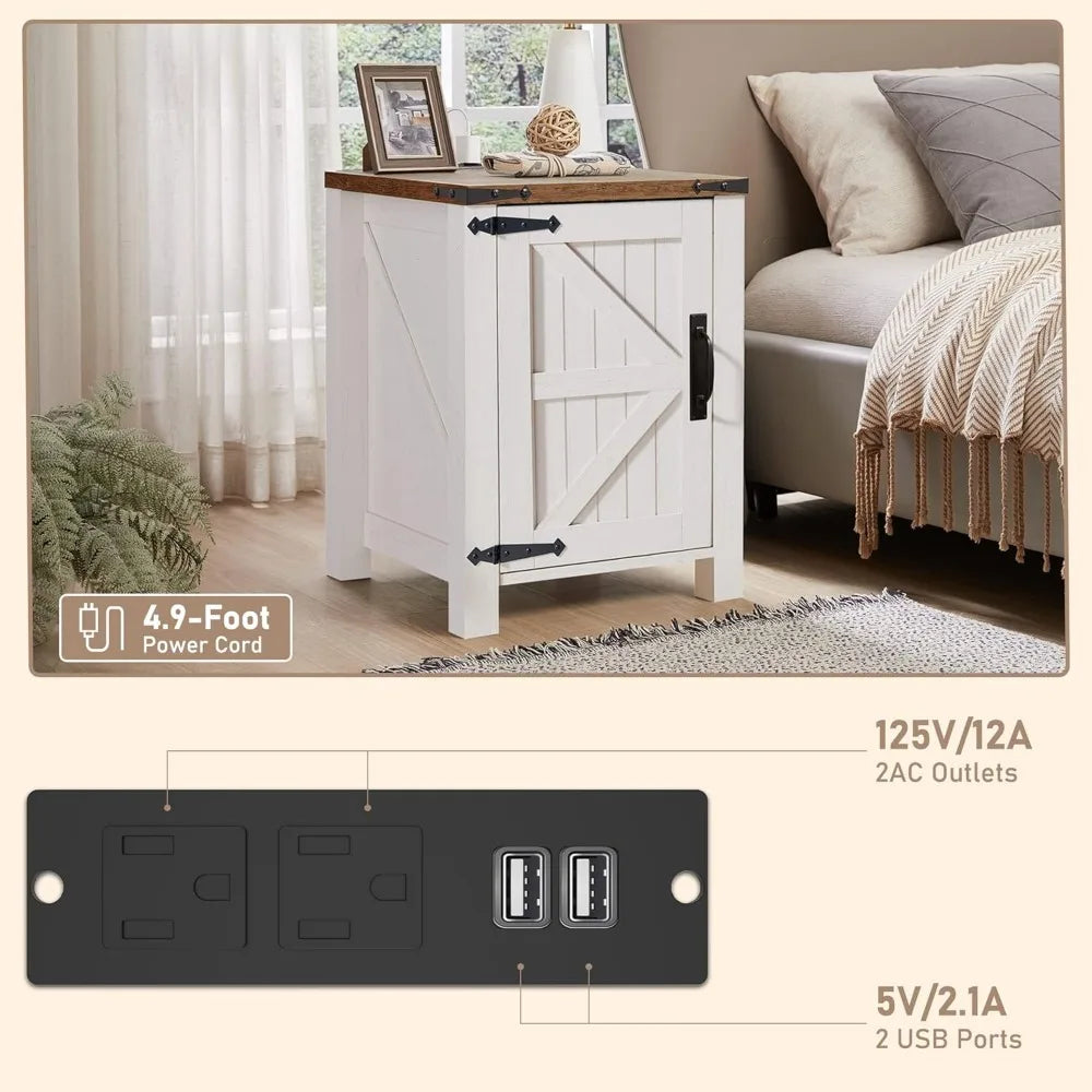 CAMILLA Rustic Farmhouse Barn Door Nightstand with Charging Station - 18'' Wide